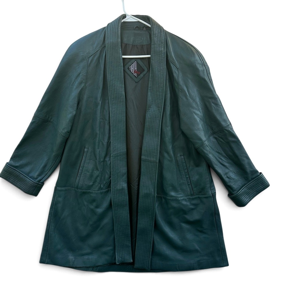 Tibor Leathers Vintage Leather Car Coat Womens M Teal Green Open Front